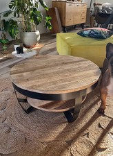 New Industrial Rustic Wooden Mango Wood Round Coffee Table With Storage Shelf