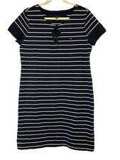 Tommy Hilfiger Striped Short Sleeve T-Shirt Dress tie front navy blue & white L