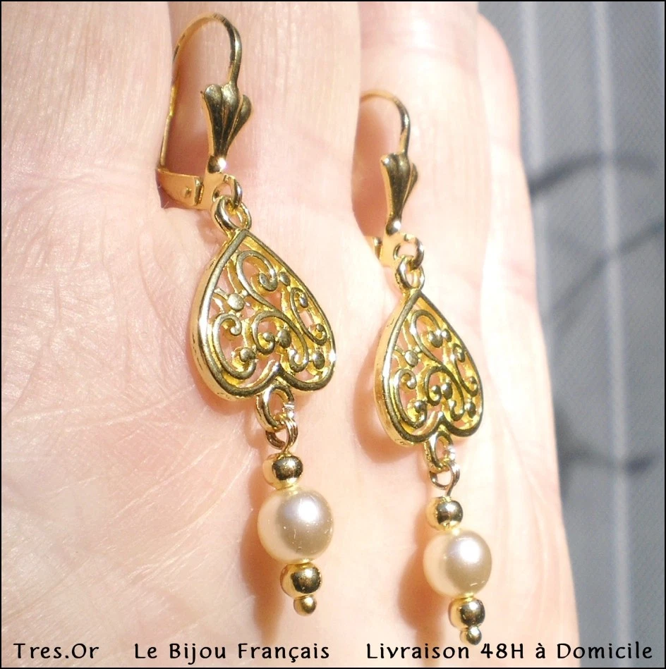 PERLE NACRÉE DENTELLE OR Boucles d'Oreille Bijou Français Neuf Livré 48H DOMiCiL - Photo 3/4
