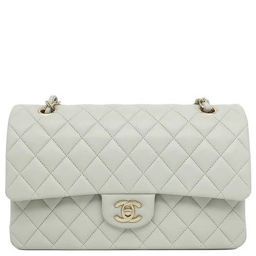 Chanel Quilted Double Flap Chain Shoulder Bag Lambskin Gray with Box #HDB958
