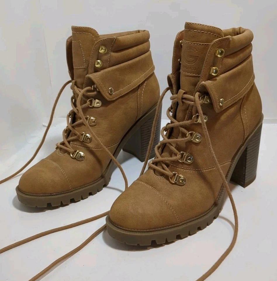 Zapatos para mujer talla 9,5 M imitación cuero tostado botas con cordones de Guess tacón alto Foto 4 de 4
