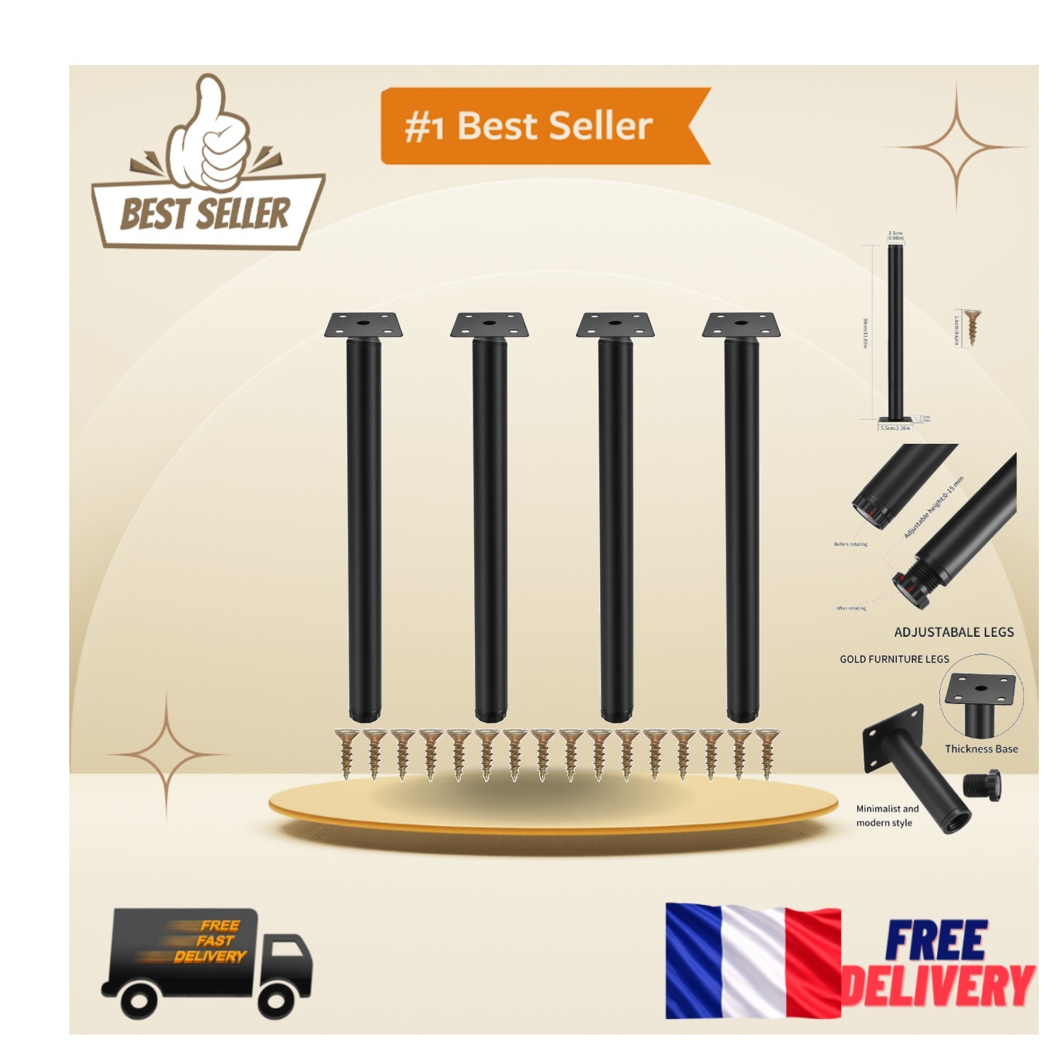 Pieds de meuble 30 cm réglables en hauteur pour stabiliser buffet et meuble TV