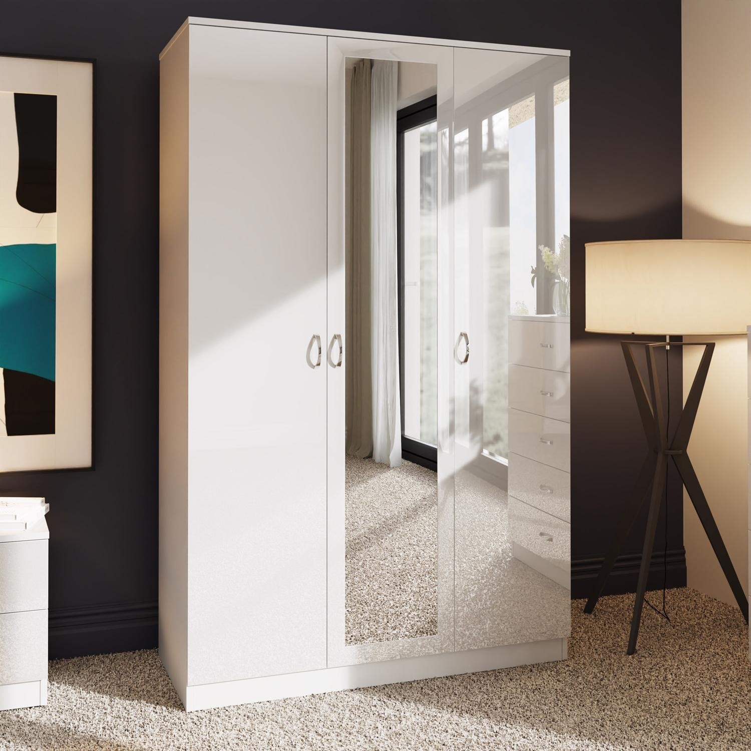 Mirrored Wardrobe 3 Door Triple White Gloss Hanging Rail & Shelves