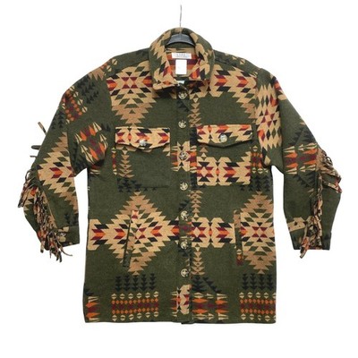 L.I.F.E. Shacket Jacket Womens M/L Green Aztec Southwestern Fringe Button Up