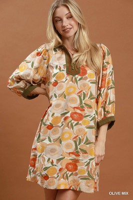 Umgee Mix Floral Contrast Trim Shift Mini Dress - Olive Mix - Large