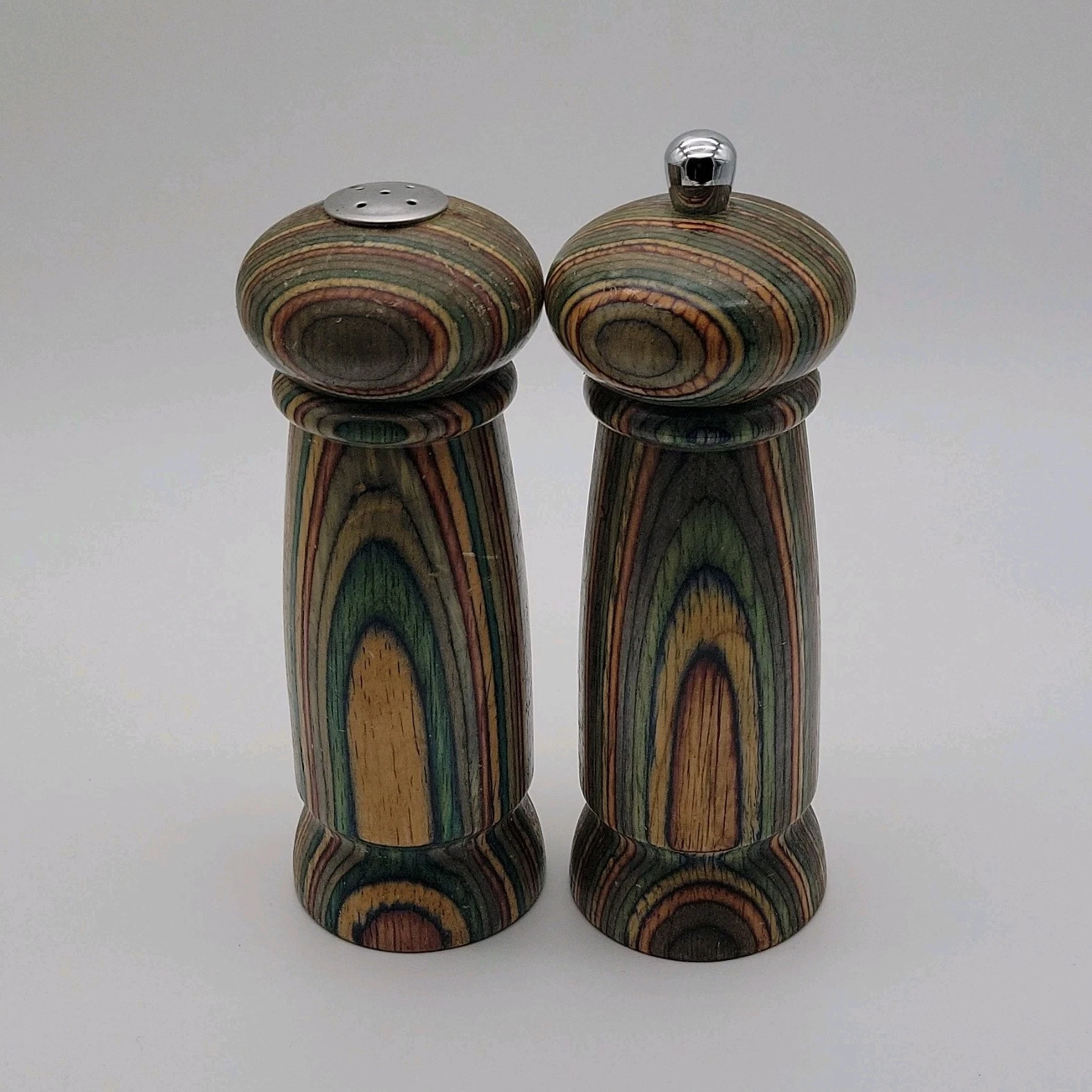 Mr. Dudley Multicolor Wood Striped Salt Shaker & Pepper Mill Set Vintage Retro