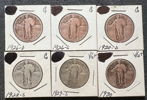 LOT OF 6 DIFFERENT STANDING LIBERTY QUARTER 1926D/26S/28D/28S/29S/30 G OR VG