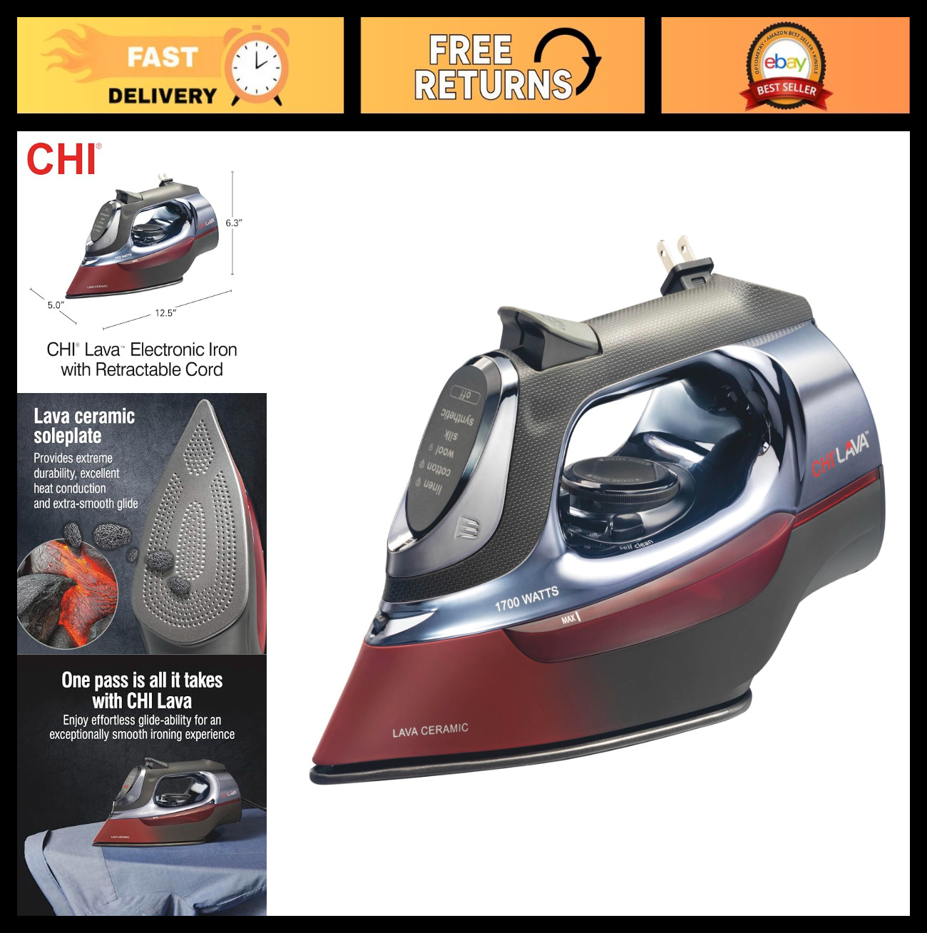 With Retractable Cord, 1700w, Auto Shutoff, Ceramic Sole