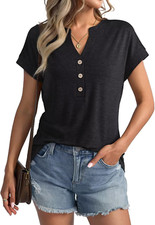 Women's V Neck Cap Sleeve T Shirt Casual Summer Top Button Short Loose Fit
