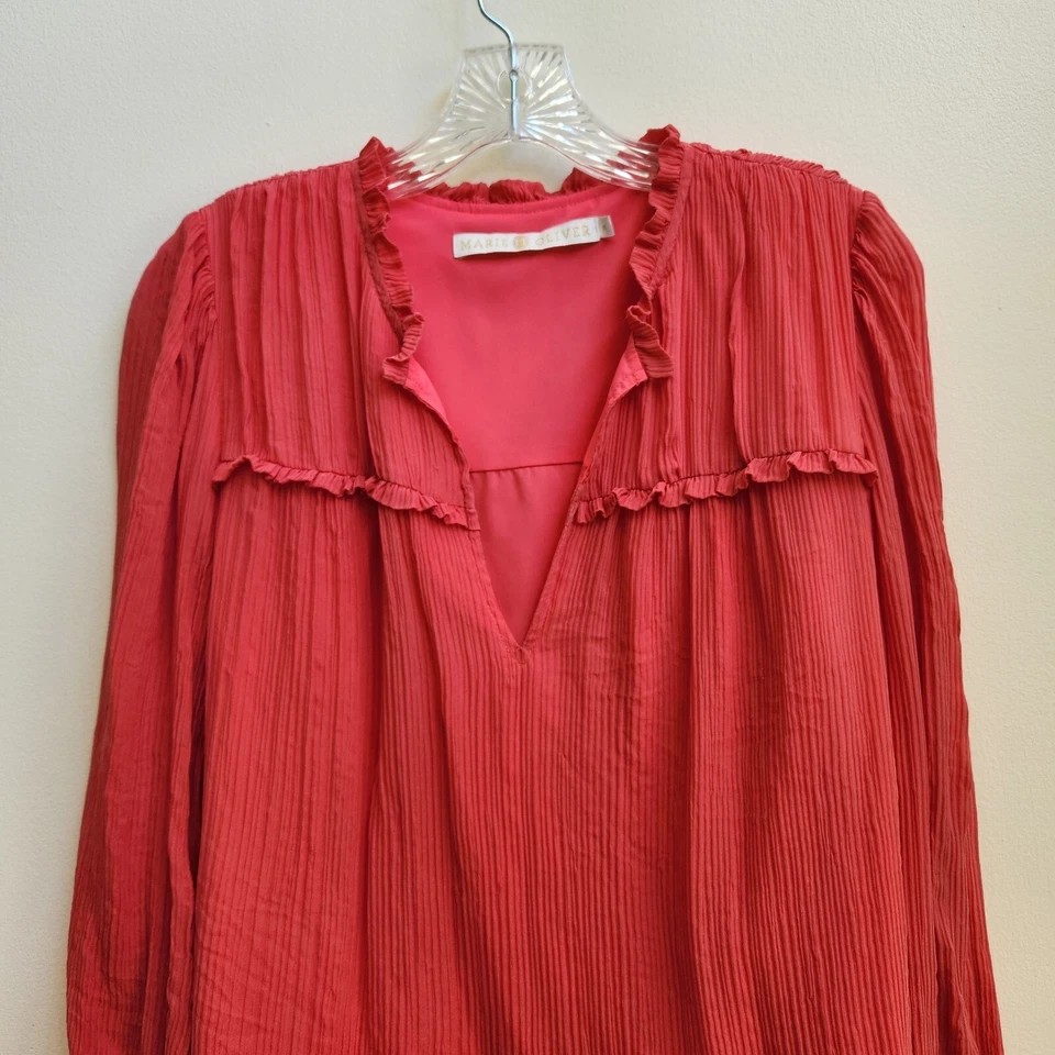 Marie Oliver Top Womens M Coral Silk Crinkle Flowy Ruffled Smocked Lined Blouse - Image 2 of 4