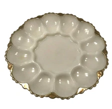 VTG MCM Milk Glass Devil Egg White Gold Trim Dish Plate Anchor Hocking Tray