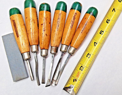 Millers-Falls Vintage. Set of (6) Woodworkers Carving Chisels & Stone, USA