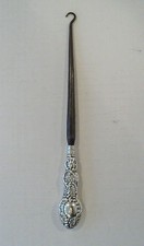 ANTIQUE VICTORIAN 9.25" STERLING SILVER HANDLED BUTTON HOOK, ELABORATE DESIGN