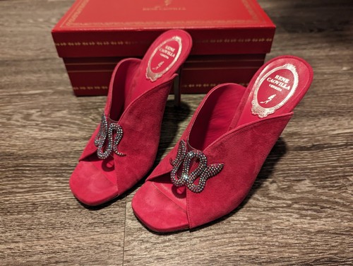 Rene Caovilla Suede Crystal Snake Stiletto Mules Like New Fuxia Size 6.5B 36.5 - Picture 2 of 11