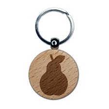 Pear Fruit Solid Engraved Wood Round Keychain Tag Charm