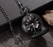 Solid Black Retro Steampunk Pocket Watch Quartz Gift Roman Numeral Cosplay