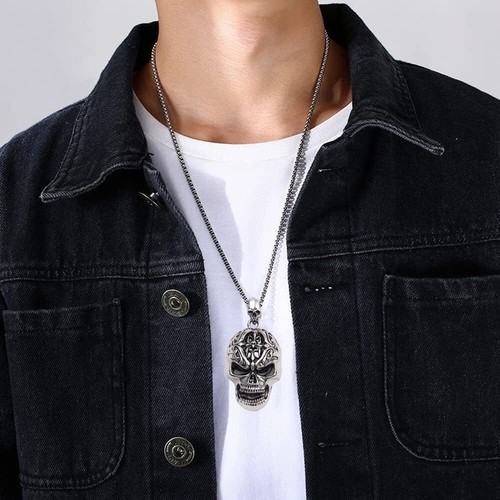 Collier Pendentif Tête de Mort en Acier inoxydable Chaîne Crâne Gothique Hip ... - Foto 3 di 7