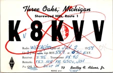 1958 K8KVV Bentley F Adams Jr Three Oaks Michigan Ham Radio QSL Card Postcard