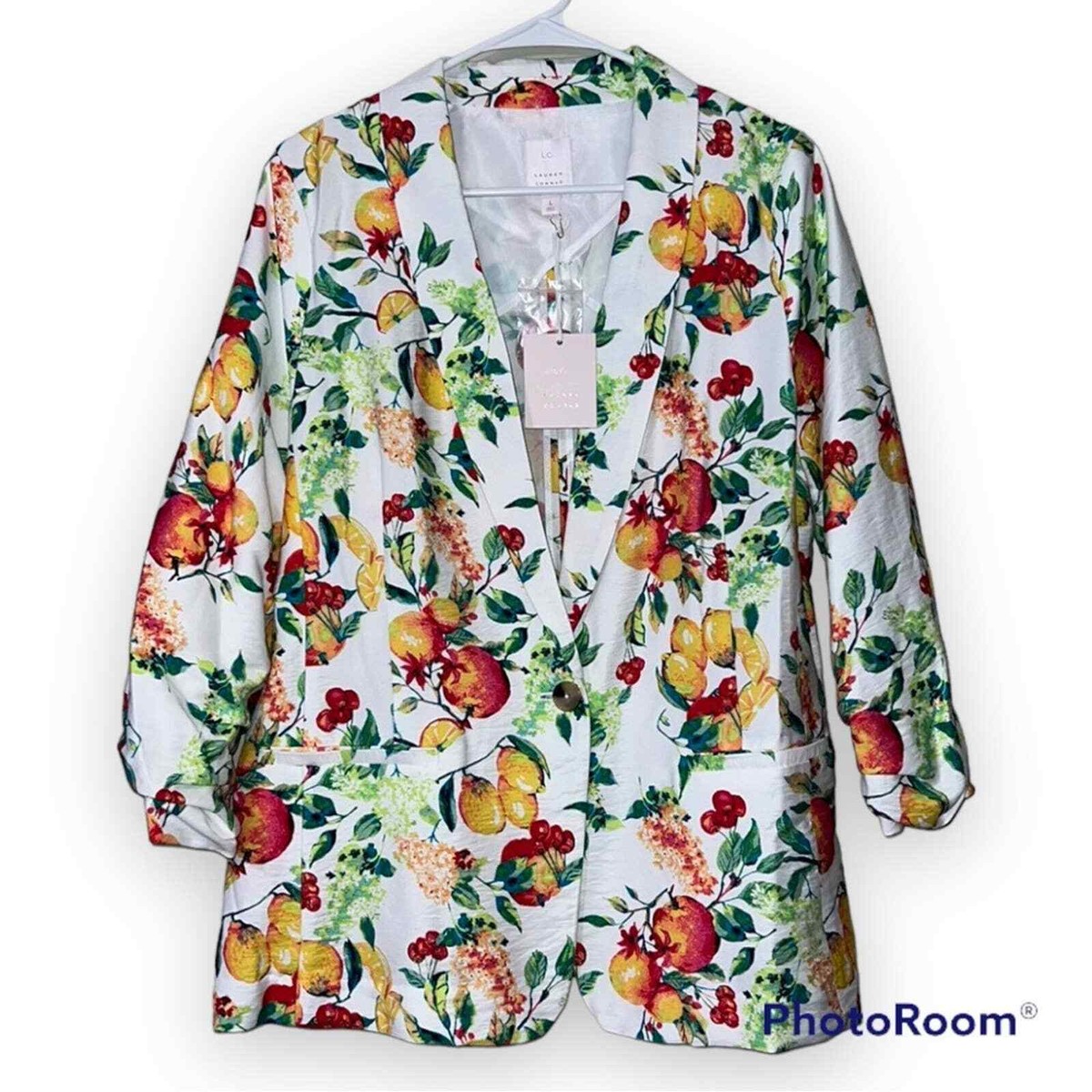 LC Lauren Conrad shawl collar blazer fruit pattern one button