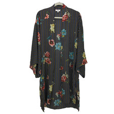 Umgee Womens Long Kimono Open Wrap Size S/M Black Striped Floral Print