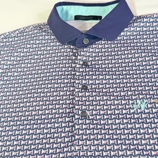 GREYSON Golf Polo Shirt Mens Large Navy Blue Pink White Geo Print W Logo Stretch