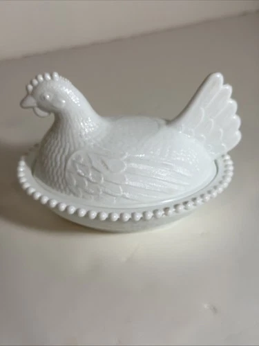 Indiana Glass Chicken Hen on Nest Covered Candy Dish Bowl White Milk Glass VTG