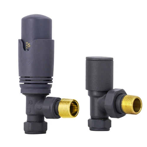 Designer Valves Anthracite Angled 15mm x 1/2" Thermostatic Radiator One Pair