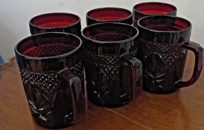 6 Vintage Antique Ruby Red Glass Cristal D'Arques-Durand Luminarc Mugs France