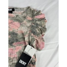 DKNY Dress Womens Petite Small PS Pink Gray Abstract Ruched Short Sleeve
