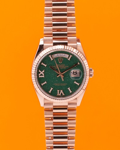 Rolex DayDate 36mm 128235 Aventurine Green Dial Diamond Roman Numerals Rose Gold
