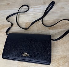 Coach Black Leather Foldover Clutch Wallet Crossbody Bag Gold Hardware 8”x5”