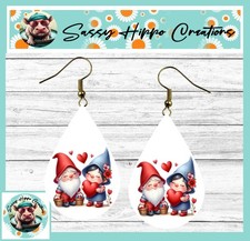 Earrings Teardrop Gold Hook Backs Cute Gnome Couple Hearts Valentine's Day MDF