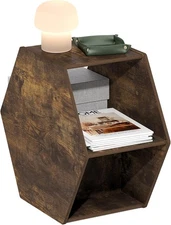 Modern Hexagonal Coffee Table with Open Storage Shelf, Center Table Amber Pine