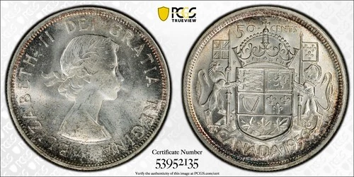 Canada, 1956 Elizabeth II 50 Cents. PCGS MS 64. 1,379,499 Mintage.
