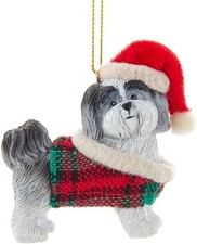 Kurt Adler Gray Shih-Tzu With Plaid Coat and Santa Hat Ornament D4218GSH 