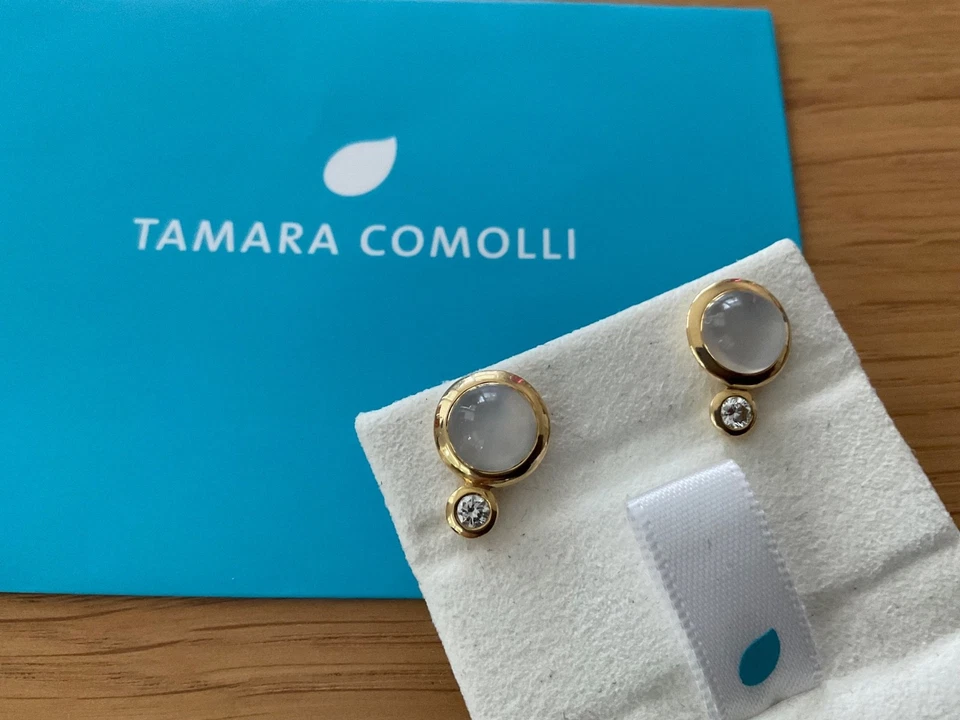 Tamara Comolli Bouton Ohrringe mit Sand Mondstein und Diamanten, 18K Gelbgold - Bild 2 von 4