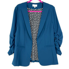 Skies Are Blue Teal Open Front Ruched Sleeve Blazer Jacket Women Classic