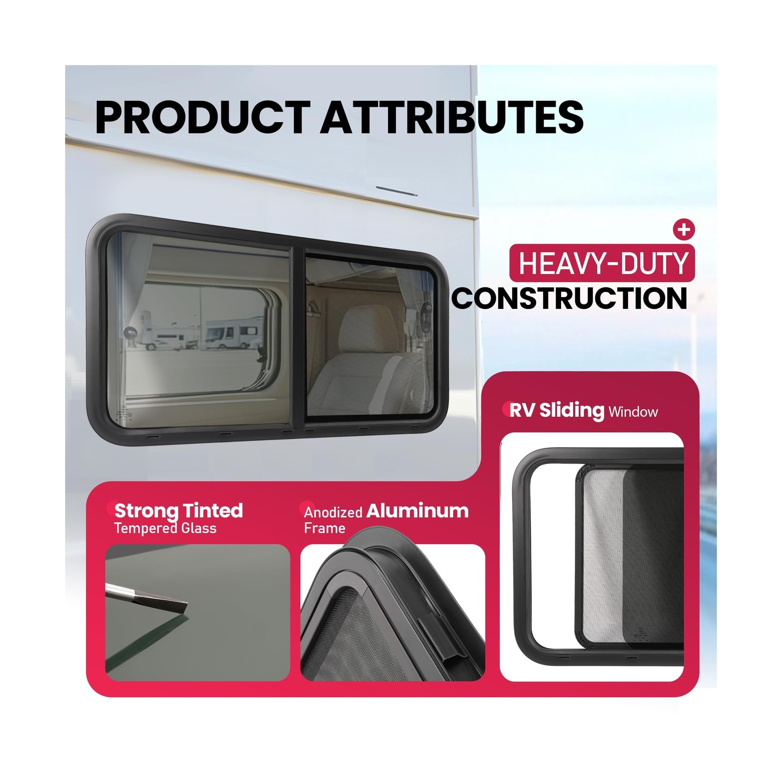 42" W X 22" H RV Window W/Trim for 1.5" Wall and Net Screen Horizontal Slidin...