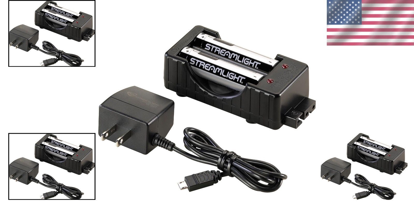 Black Rechargeable Battery Charger Kit, Dual Input, LED Status, 500 Cycles