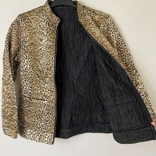 Chico's Satin Gold Reversible Jacket Size 0 Quilted Animal Print/Denim Zip