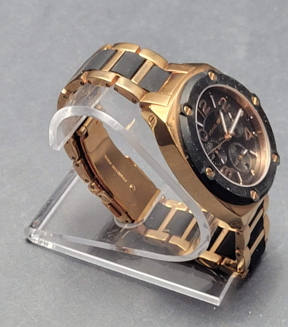 Michael Kors MK-5732 Tribeca Black & Gold Chronograph Watch–Very