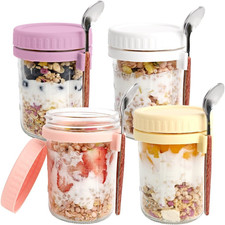 Overnight Oats Containers with Lids and Spoons - 4 Pack 16Oz Glass Mason Jars...