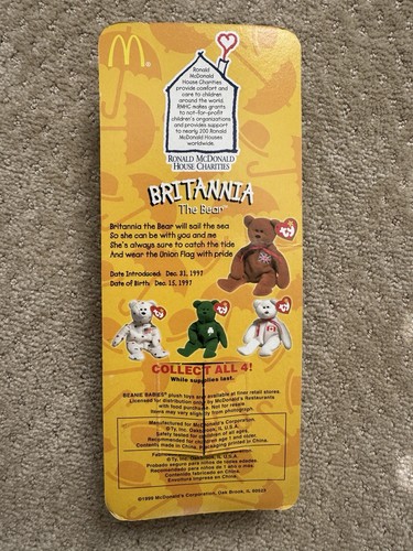 BRITANNIA THE BEAR TY McDonalds Teenie Beanie 1999 Tag Errors Collectible-Rare - Picture 2 of 10