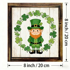 2D 1P Wooden Frame Sign Shamrock Circle Leprechaun St. Patrick's Day Decor 8x8