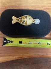 Vintage Gold Tone Fish Brooch Pin with Large Faux Pearl in Mouth, Marked AK
