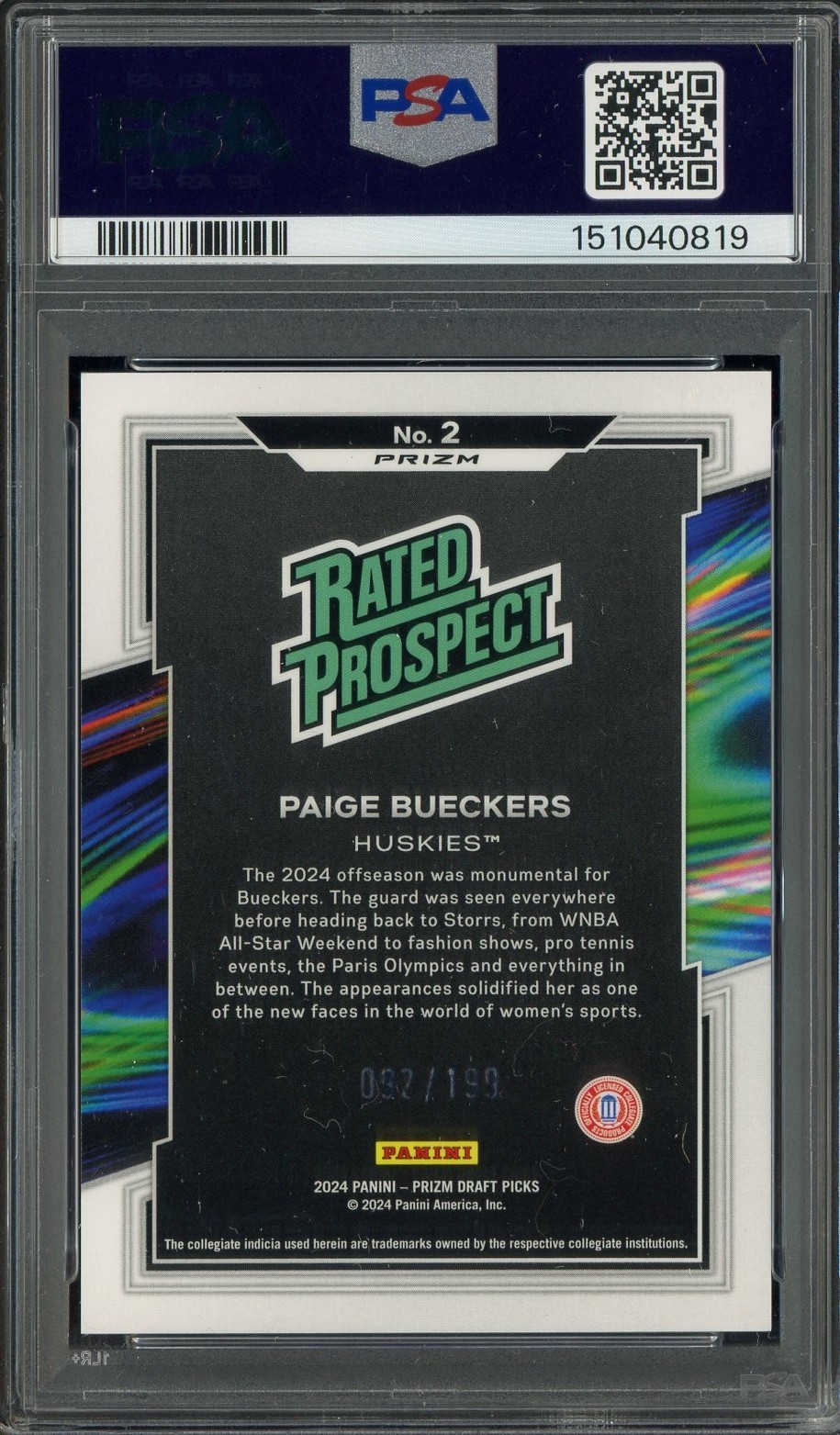 2024 Panini Blue Prizm DP Rated Prospect #2 Paige Bueckers RC 92/199 PSA 9 MINT view 2