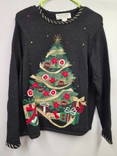 Vintage Tiara International Sz L Christmas Tree Knit Black Pullover Sweater