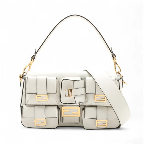 Fendi Multi-pocket baguette Leather 2 Way Shoulder Bag White 8BR808