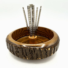 Vintage Nut Bowl 7" w/ HMQ Cracker and 4 Picks Live Edge With Bark Felt Bottom