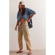 Free People We the Free Moxie Pull-On Barrel Jeans Cowboy Khaki Women's Size 27